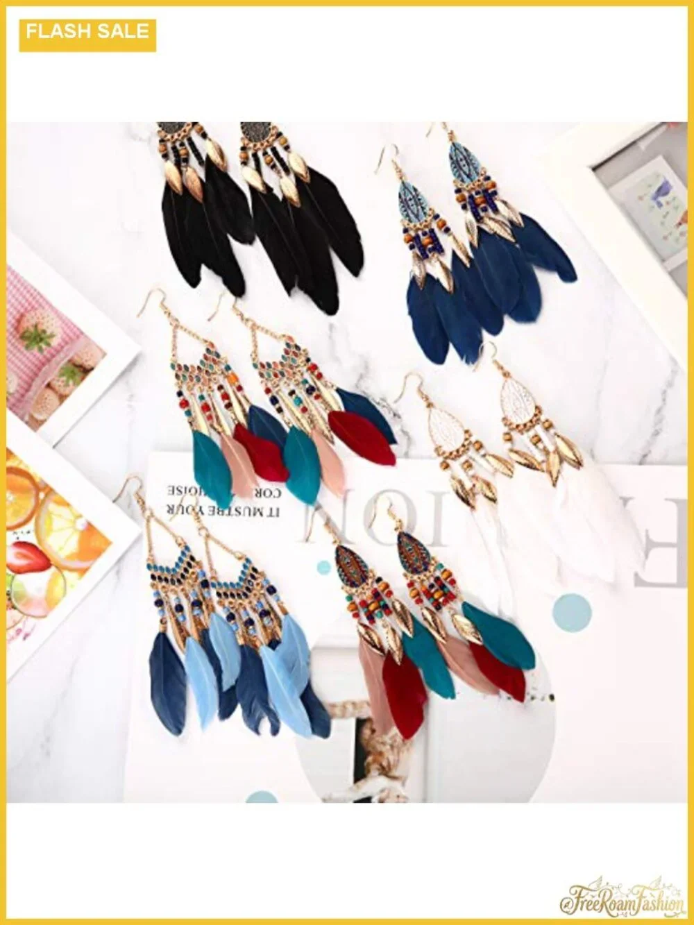6 Pairs Bohemian Faux Feather Tassel Drop Dangle Earrings Set
